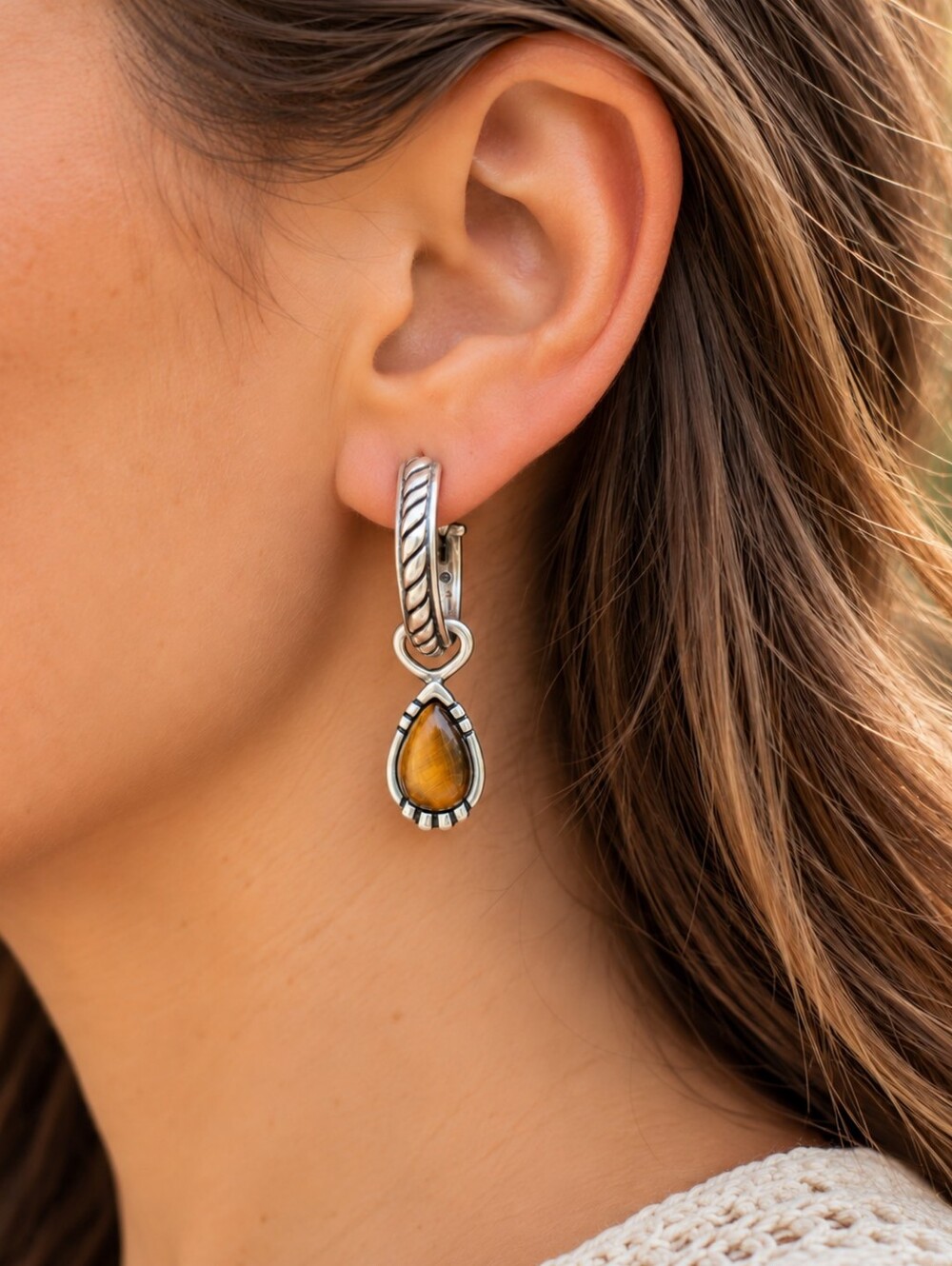 American West Sterling Silver Tiger's Eye Teardrop Hoop Dangle Earrings